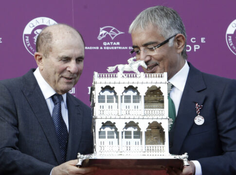 Chantilly, Owner Michael Tabor (left) with the trophy at winners presentation after winning the Qatar Prix de l’Arc de Triomphe with Found