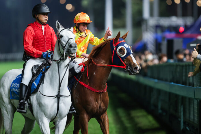 Ryan Moore nach dem Sieg auf Triumphant More Foto: hkjc.com Ryan Moore nach dem Sieg auf Triumphant More Foto: hkjc.com