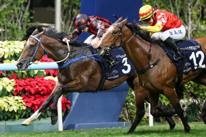 Ryan Moore siegt mit Corleone Foto: hkjc.com Ryan Moore siegt mit Corleone Foto: hkjc.com